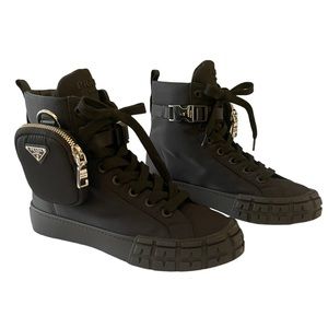 Prada Nylon Monolith Boots Lug High Top Round Toe Sneakers Removable Coin Purse